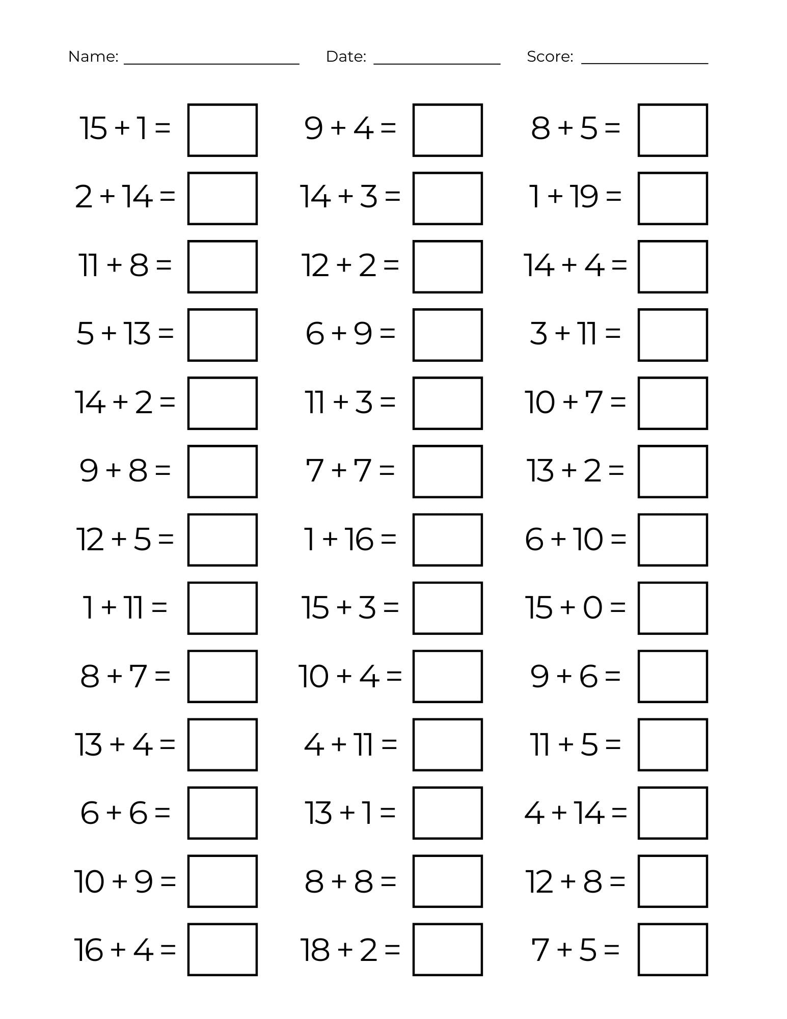 10 Printable Adding to 20 Worksheets - Simple Addition One Digit ...