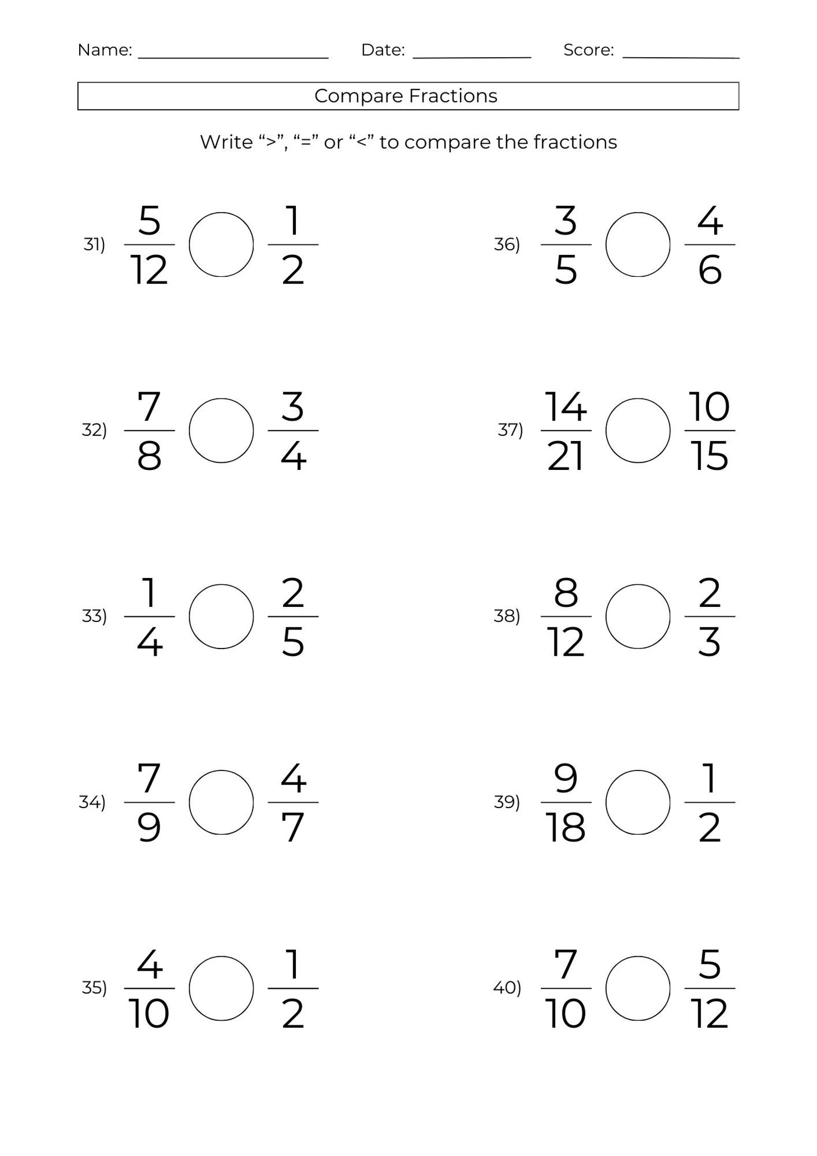10 Printable Comparing Fractions Worksheets: Math Test Prep (PDF) - Etsy