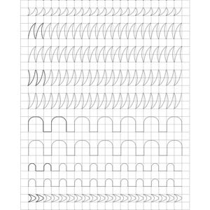 Può includere: Un foglio di lavoro in bianco e nero con linee tratteggiate per esercitarsi nella scrittura. Il foglio di lavoro include varie forme, come curve, archi e anelli.