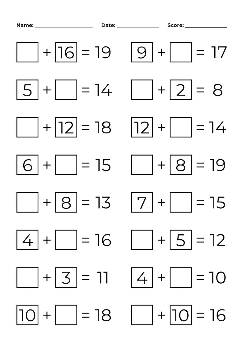 10 Printable Missing Addends Worksheets: Addition to 20 (PDF Printable ...