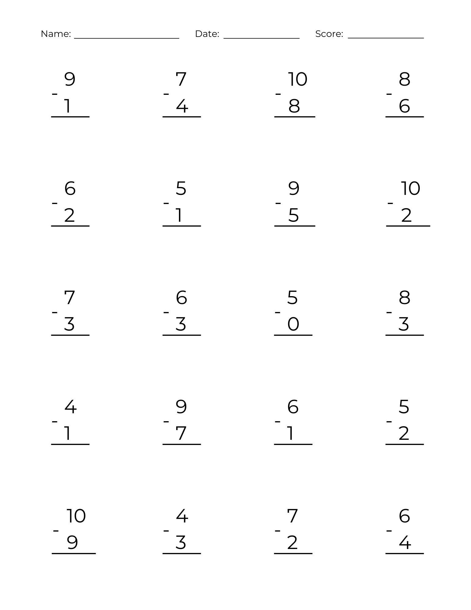 10 Printable Single Digit Subtraction Worksheets: Math Drills to 10 ...