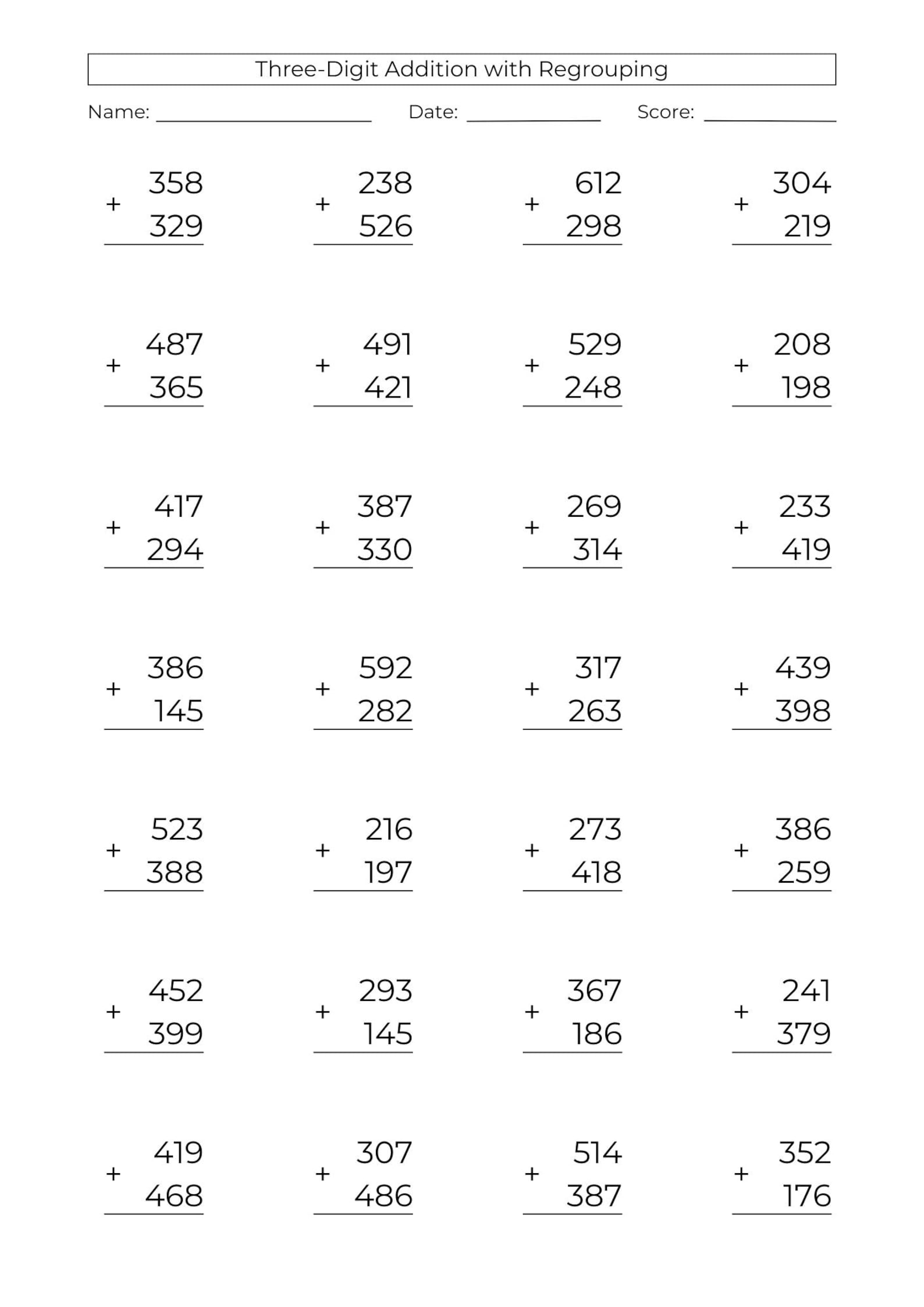 3 Rows Addition Math Worksheet 10 Printable 3-digit Addition Worksheets: 3rd Grade Math Drills (PDF ...