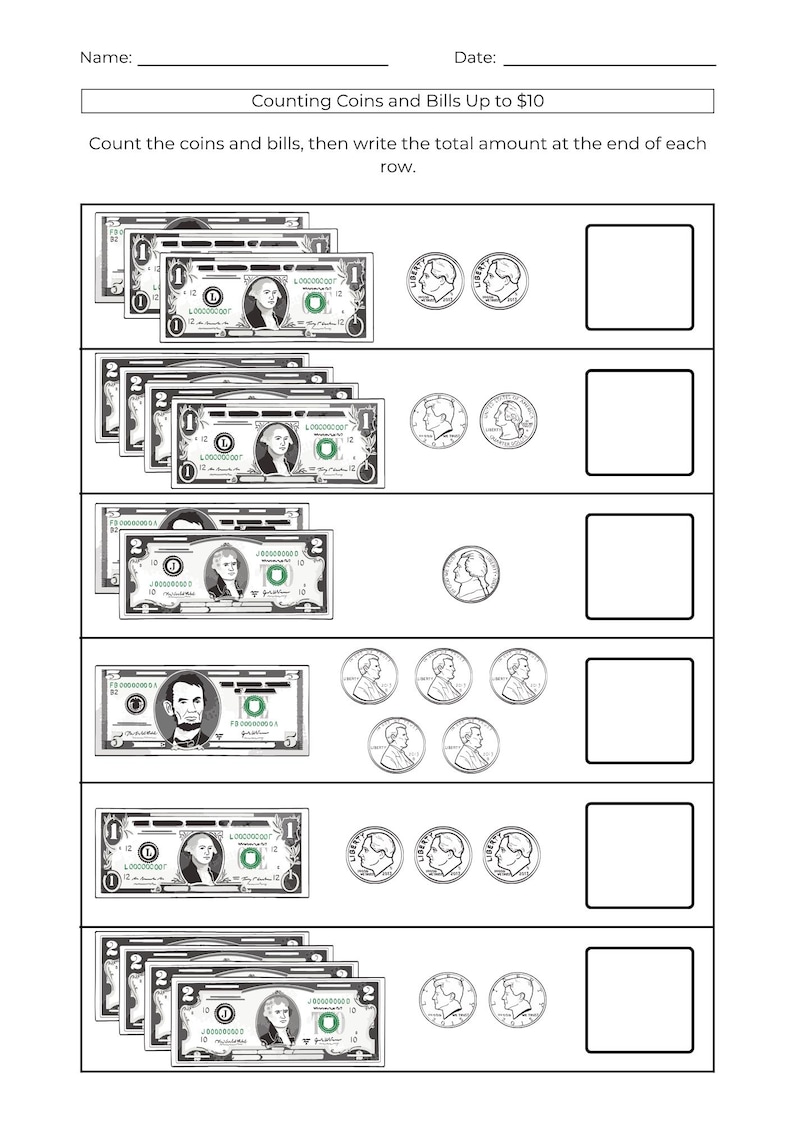 10 Printable Money Counting Worksheets: Coin & Cash Math Activity (PDF ...