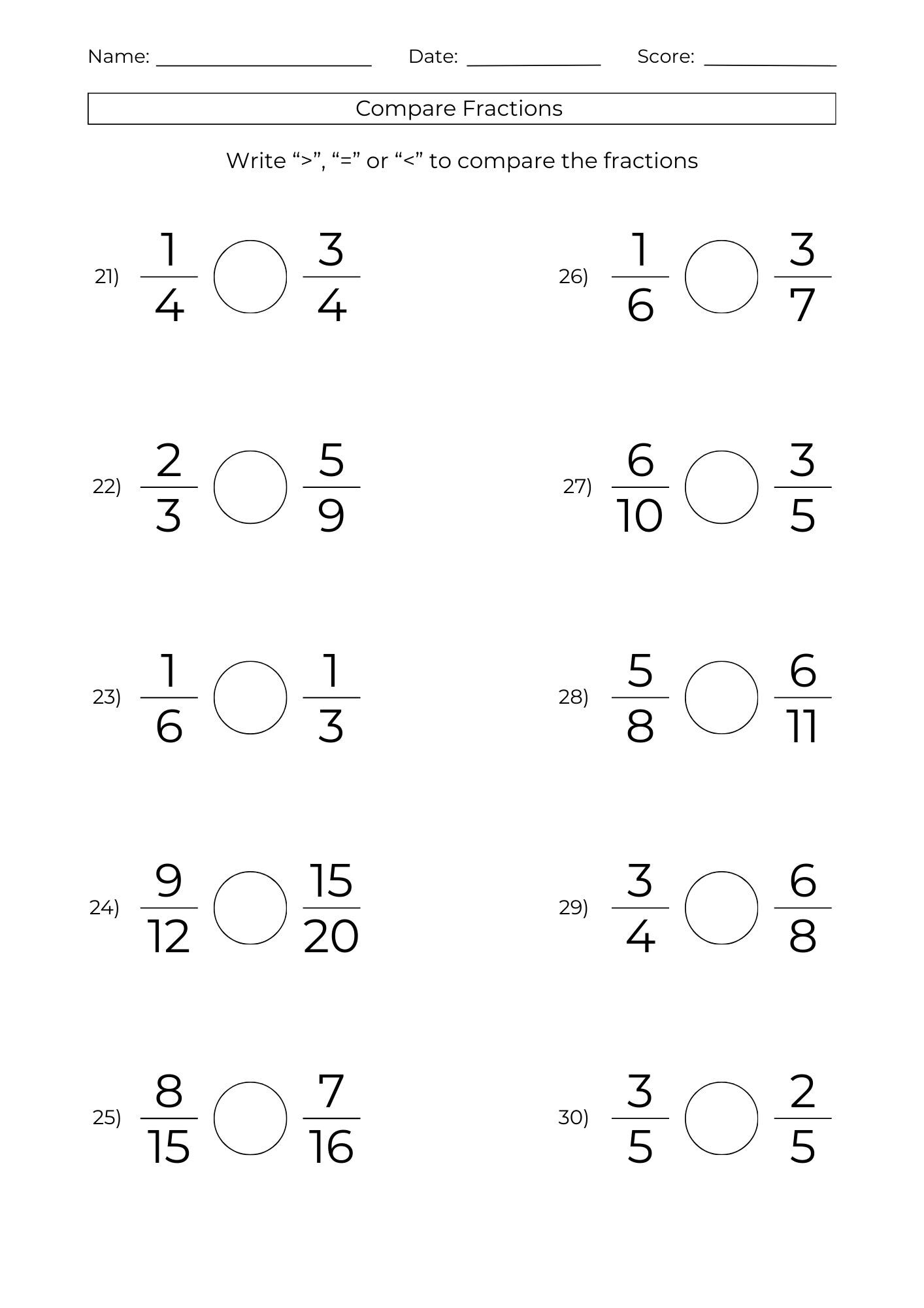 10 Printable Comparing Fractions Worksheets: Math Test Prep (PDF) - Etsy