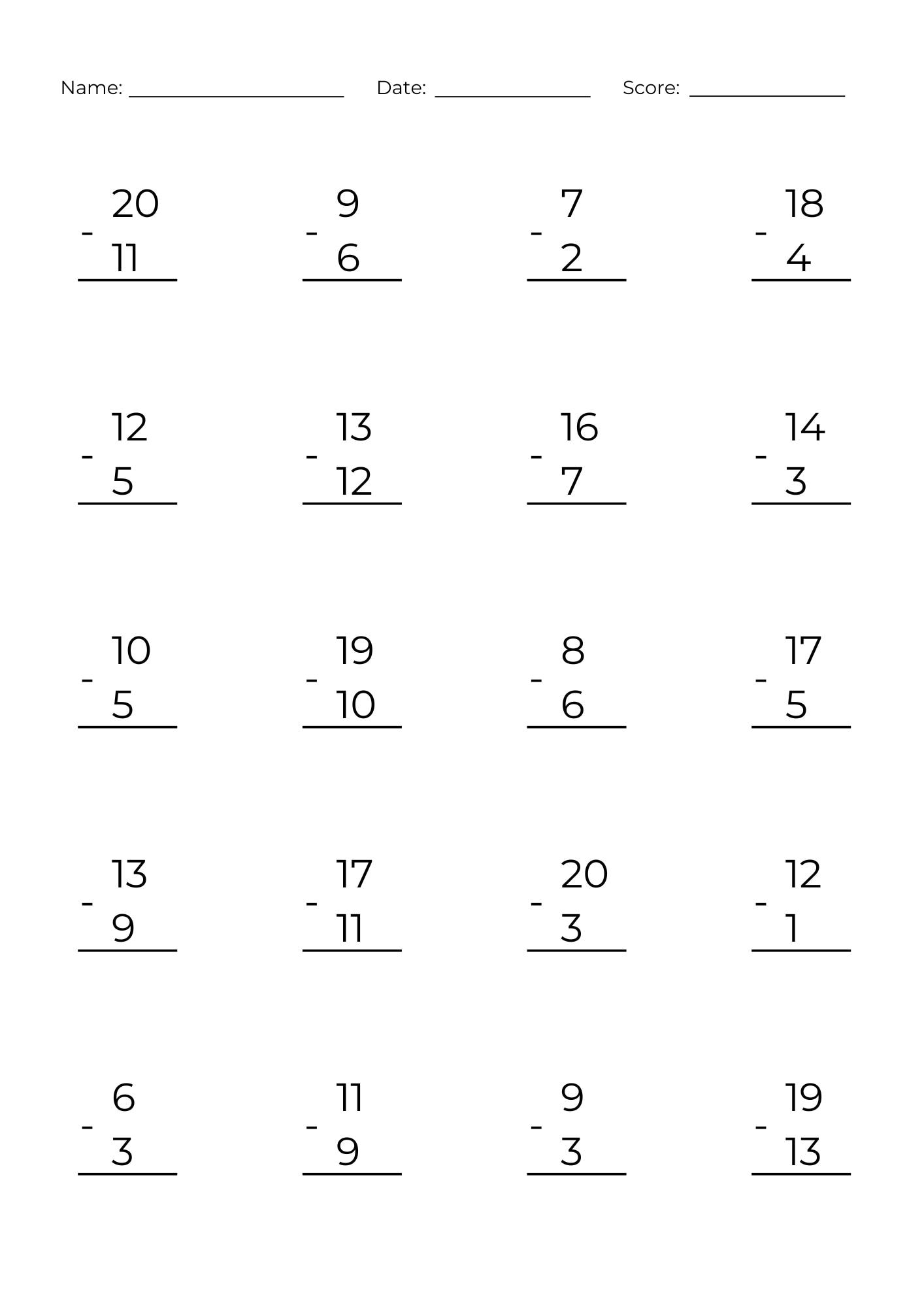 Addition Math Problems Printable Less Than 20 50 Printable Addition and Subtraction to 20 Worksheets: Math Practice ...