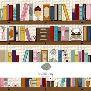 May include: A whimsical illustration of bookshelves laden with books of various colours and sizes. Decorative items and the text "the little wing" are also present. Some books display text such as "enchanted" and "dear reader."