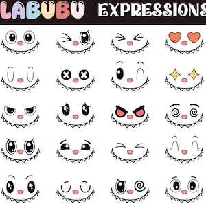 May include: A collection of 20 different cartoon faces with various expressions, including winking, smiling, and angry. The faces have white backgrounds, black outlines, and pink accents. The text "LABUBU EXPRESSIONS" and "SVG PNG 20 DIFFERENT FACES" are also present.
