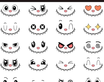 Labubu Expressions SVG- en png-bundel – 20 schattige Labubu-gezichten, kawaii cartoon clipart voor de Cricut, stickers