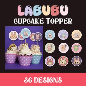 May include: Cupcakes with gold sprinkles and decorative cupcake toppers featuring a cartoon bunny design. The toppers are round with the word "LABUBU" and various bunny illustrations. The image also displays 36 designs.