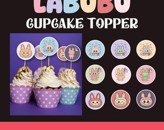 Adornos para cupcakes Labubu, 36 diseños (PDF y PNG)