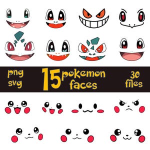 May include: A collection of 15 cartoon Pokemon faces in various expressions, with red, black, and white color schemes. The image includes the text "png svg 15 pokemon faces 30 files" in a black and yellow banner.