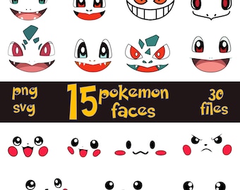 Pacchetto di volti di Pikachu e Pokémon - 15 espressioni di Pokémon e set di clipart SVG PNG con occhi di Pokémon