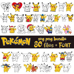 May include: A collection of Pikachu illustrations in various poses and styles, some in color and others in black and white. The image includes the word "Pokémon" in yellow and the text "svg png bundle 80 files + FONT".