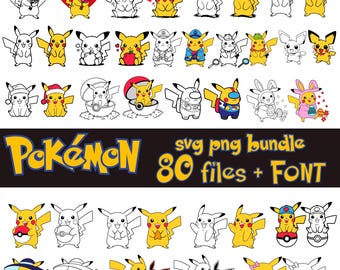 Pokémon Mega Bundle SVG e PNG - Silhouette di Pokemon Pikachu e file colorati, tagliati, adesivi stampabili + FONT Pokemon
