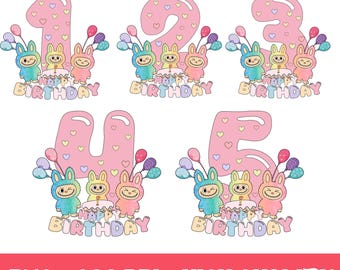 Paquete PNG de Feliz Cumpleaños Labubu para niñas: Diseño de fiesta Labubu, Clipart de cumpleaños de monstruo kawaii, Arte Labubu imprimible para niñas