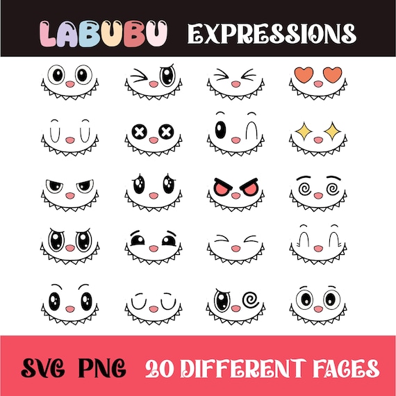 Labubu Expressions SVG & PNG Bundle – 20 Cute Labubu Faces, Kawaii Cartoon Clipart for Cricut, Stickers