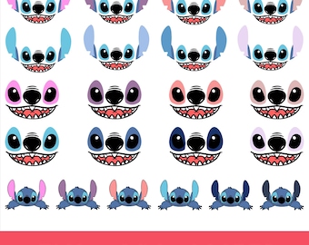 Pacchetto SVG PNG con espressioni facciali di Stitch / 22 graziose clipart di facce dei cartoni animati per Cricut, silhouette, adesivi, download digitale
