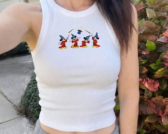 Camiseta sin mangas vintage de Mickey de Fantasía de Disney, camiseta de Mickey hechicero, top corto mágico de Mickey, linda camiseta sin mangas de Disney, top veraniego acanalado estético