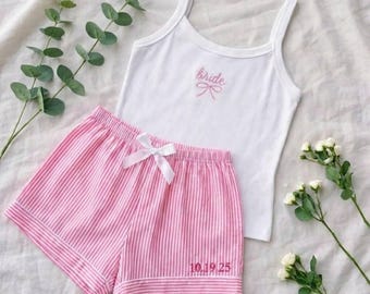 Bride Pajama Set Personalized, Bridal Getting Ready Outfit, Custom Name & Date Pajamas, Bachelorette, Bridesmaid Gift, Wedding Morning Set