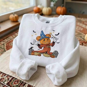 Felpa con ricamo di Topolino stregone e zucca, maglietta Disney di Halloween dai colori comodi, girocollo per la stagione spettrale, abbigliamento per viaggi autunnali Disney