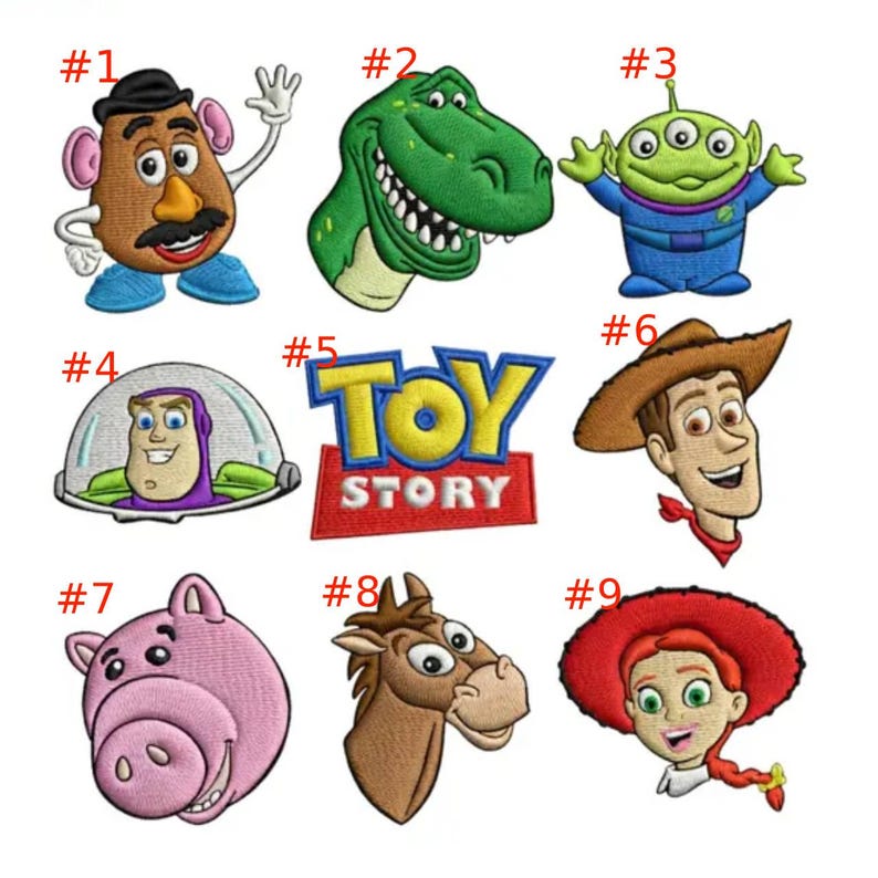 May include: A collection of nine embroidered patches featuring characters and the logo from Toy Story. The set includes Mr. Potato Head, Rex, an alien, Buzz Lightyear, the Toy Story logo, Woody, Hamm, Bullseye, and Jessie, each numbered one through nine.