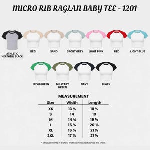 Puede incluir: Una colecci&oacute;n de camisetas ragl&aacute;n para beb&eacute; de microcanal&eacute; en varias combinaciones de colores, incluyendo gris jaspeado, beige, arena, gris deportivo, rosa claro, rojo, azul claro, verde irland&eacute;s, verde militar, azul marino y negro, con tabla de tallas.