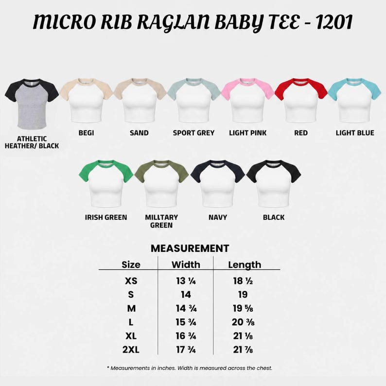 Puede incluir: Una colecci&oacute;n de camisetas ragl&aacute;n para beb&eacute; de microcanal&eacute; en varias combinaciones de colores, incluyendo gris jaspeado, beige, arena, gris deportivo, rosa claro, rojo, azul claro, verde irland&eacute;s, verde militar, azul marino y negro, con tabla de tallas.