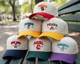 Disney Princess Embroidered Caps – Ariel, Cinderella, Snow White, Jasmine, Moana & Merida Vintage Style Baseball Hats