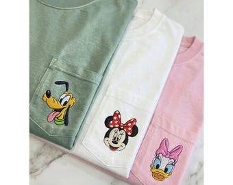 Disney pocket T-shirt, Mickey Minnie Pluto Daisy-T-shirt, geborduurd Disney T-shirt, Pocket T-shirt, familie Disney-shirts