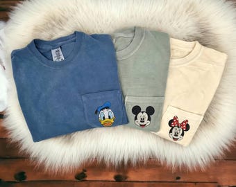 Disney pocket T-shirt, Mickey Minnie Pluto Daisy-T-shirt, geborduurd Disney T-shirt, Pocket T-shirt, familie Disney-shirts