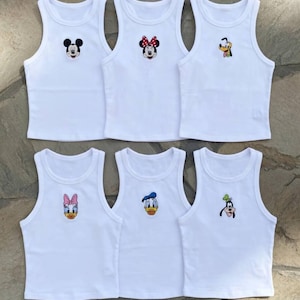 Mickey & Friends Embroidery Crop Tank, Simple Mouse Brown Baby Tee, Disneyworld Y2K, WDW Trip