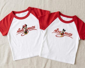 Vintage Mickey Minnie Baby Tee, Embroidered Disney Crop Top, Y2K Raglan Baby T Shirt, Disney Baby Crop Top, Disneyland Vacation Outfit