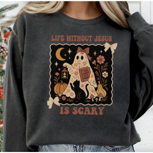 Life Without Jesus Is Scary PNG, Cute Ghost with Bible, Christian Halloween Clipart, Faith-Based Fall Design, Floral Holy Ghost PNG