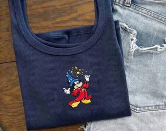 Camiseta sin mangas vintage de Mickey de Fantasía de Disney, camiseta de Mickey hechicero, top corto mágico de Mickey, linda camiseta sin mangas de Disney, top veraniego acanalado estético