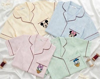 Disney Character Embroidered Pajama Set, Mickey Minnie Daisy Donald Striped Pajamas, Cute Couple Matching Sleepwear, Cartoon Lounge Set