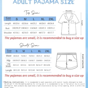 May include: A size chart for adult pajamas, with measurements in inches and centimeters. The chart includes top and shorts sizes, detailing length, bust, shoulder, waist, hip, leg width, and pant length. Washing instructions are also provided.