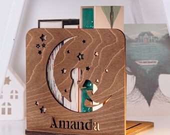 Personalized Wooden Bookends, Moon and Stars Decor, Custom Name Gift, Mothers Day Gift