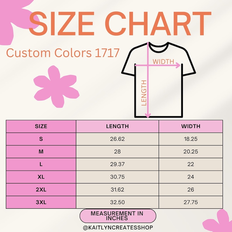 Op de afbeelding: Maattabel voor aangepaste kleuren 1717, met de afmetingen in inches voor de lengte en breedte van T-shirts in de maten S, M, L, XL, 2XL en 3XL.