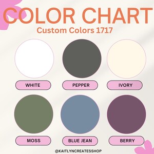 Op de afbeelding: Kleurenkaart met 6 kleurstalen met de labels: Wit, Peper, Ivoor, Mos, Jeansblauw, Bes. De kaart heeft de titel "Custom Colors 1717".