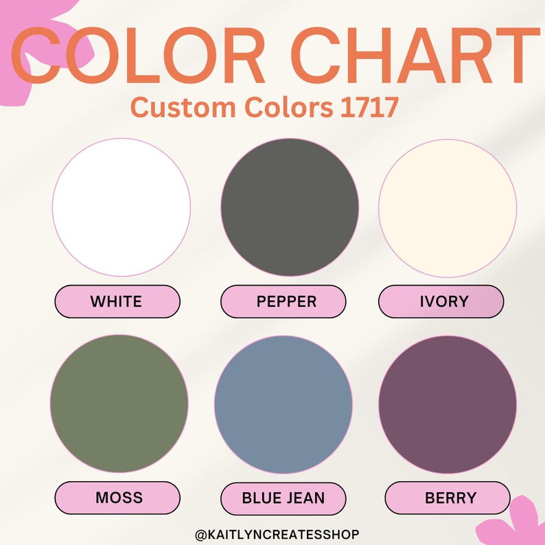 Op de afbeelding: Kleurenkaart met 6 kleurstalen met de labels: Wit, Peper, Ivoor, Mos, Jeansblauw, Bes. De kaart heeft de titel "Custom Colors 1717".
