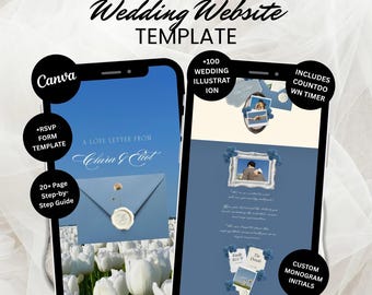 Template per sito web di matrimonio in stile botanico color blu polvere, con motivi floreali romantici, RSVP e conto alla rovescia (download digitale)