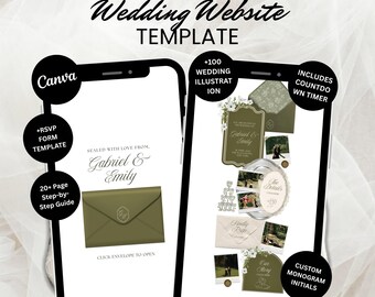 Template per sito web di matrimonio boho verde oliva e oro, modificabile su Canva, con RSVP e conto alla rovescia (download digitale)