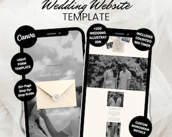 Template classico minimalista per sito web di matrimonio, beige, nero e bianco, con conto alla rovescia per la conferma di partecipazione (download digitale)