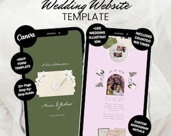 Modello per sito web di matrimonio nei toni del verde salvia e del rosa cipria, stile boho elegante, con conferma di partecipazione e conto alla rovescia (download digitale)