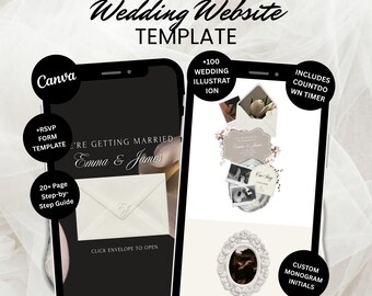 Template per sito web di matrimonio in stile Moody Black Ivory Floral, eleganza d'altri tempi, modulo RSVP (download digitale)