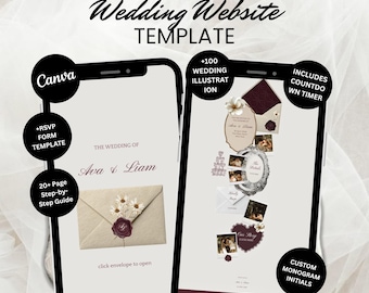 Elegante template per sito web di nozze in stile "Old Money" con tema bordeaux e avorio, compatibile con Canva per la conferma di partecipazione (download digitale).