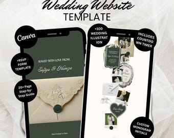 Modello di sito web per matrimonio minimalista, beige e verde oliva, design modificabile su Canva, RSVP
