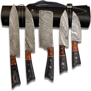 5pcs Damascus Professional Chef Knives Set with Handmade Foldable Leather Sheath