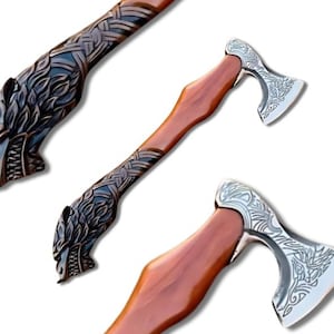 May include: Three axes with wooden handles and silver axe heads. The handles are brown with intricate carvings, including a wolf's head design. The axe heads feature detailed patterns.