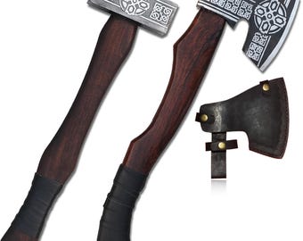 Viking Axe and Hammer Set: Hand Forged Carbon Steel with Rosewood Handle